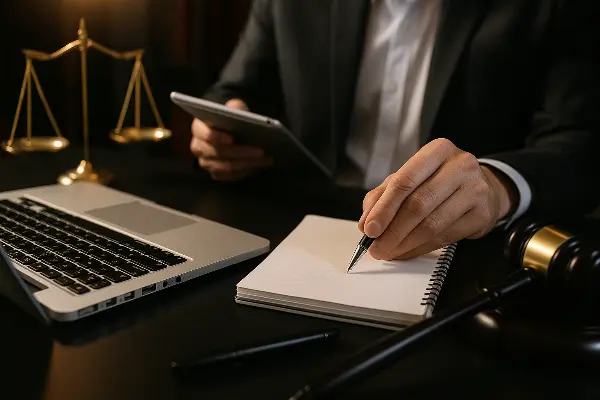 Masasında laptop ve not defteriyle çalışan uzman Kadıköy avukatı Efe Tellioğlu